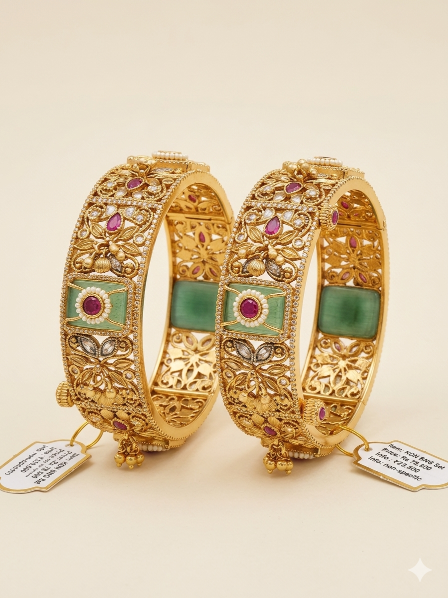 Jadau Floral Bangle Set – Gold-Plated Kada with Jade & Ruby Stone Work