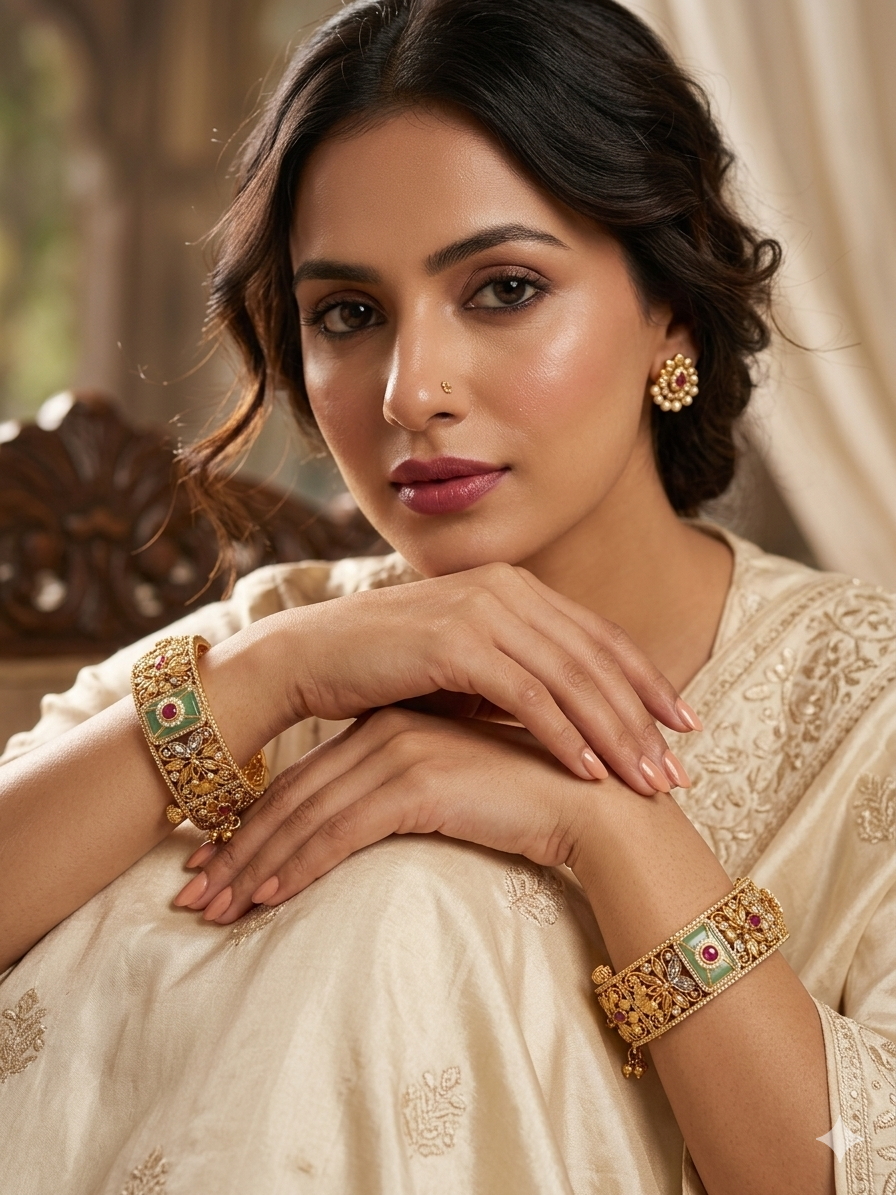 Jadau Floral Bangle Set – Gold-Plated Kada with Jade & Ruby Stone Work