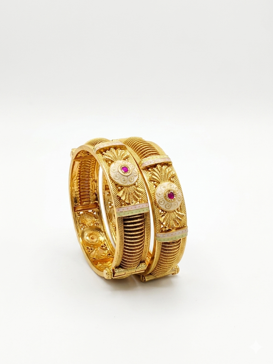 Rajwadi Sunburst Bangle Set – Gold-Plated Kada with White Enamel & Ruby Stone