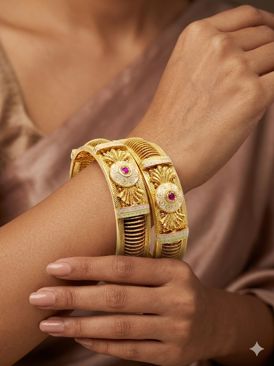 Rajwadi Sunburst Bangle Set – Gold-Plated Kada with White Enamel & Ruby Stone