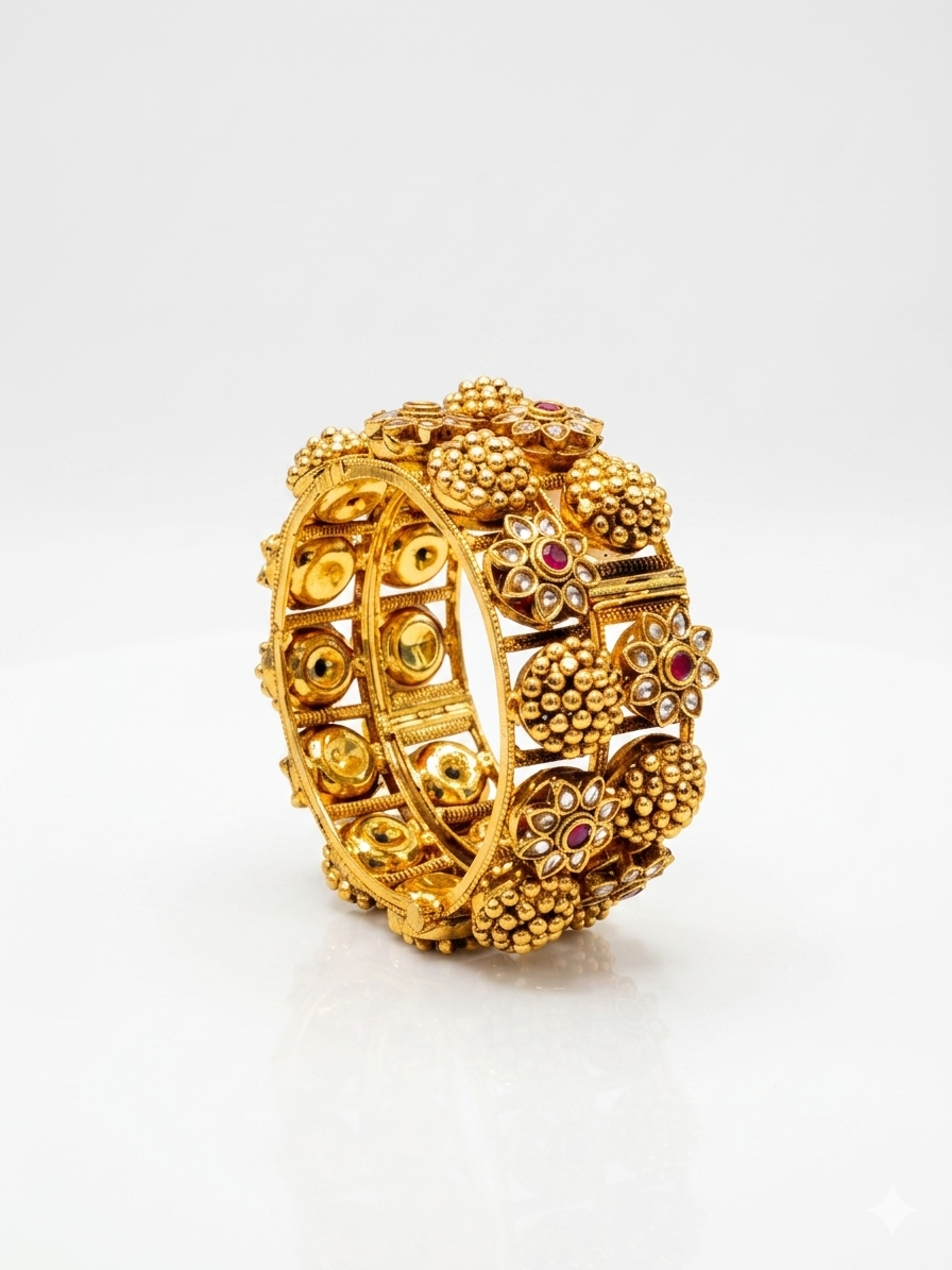 Kundan Floral Cluster Bangle – Gold-Plated Wide Kada with Ruby & CZ Stone Work