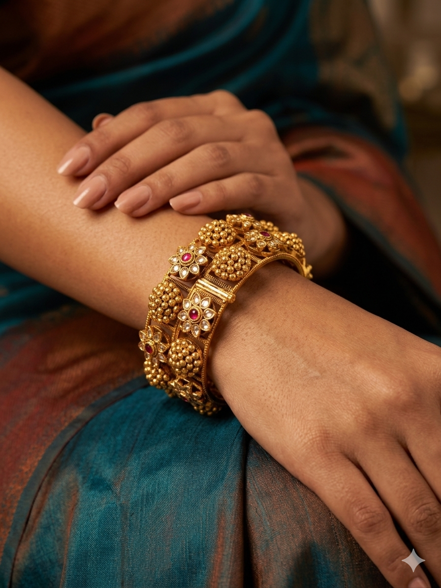 Kundan Floral Cluster Bangle – Gold-Plated Wide Kada with Ruby & CZ Stone Work