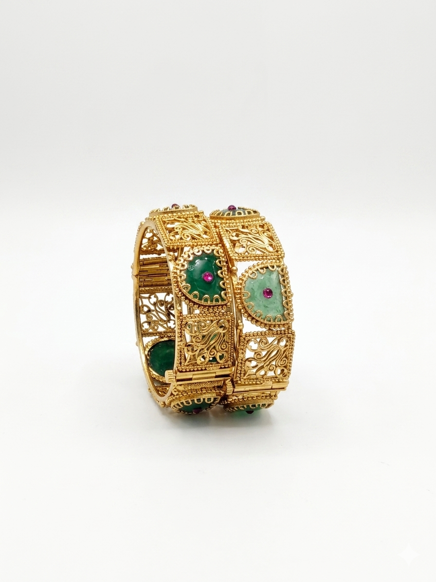 Jade Filigree Bangle Set – Gold-Plated Kada with Emerald Green Stone & Ruby Accents
