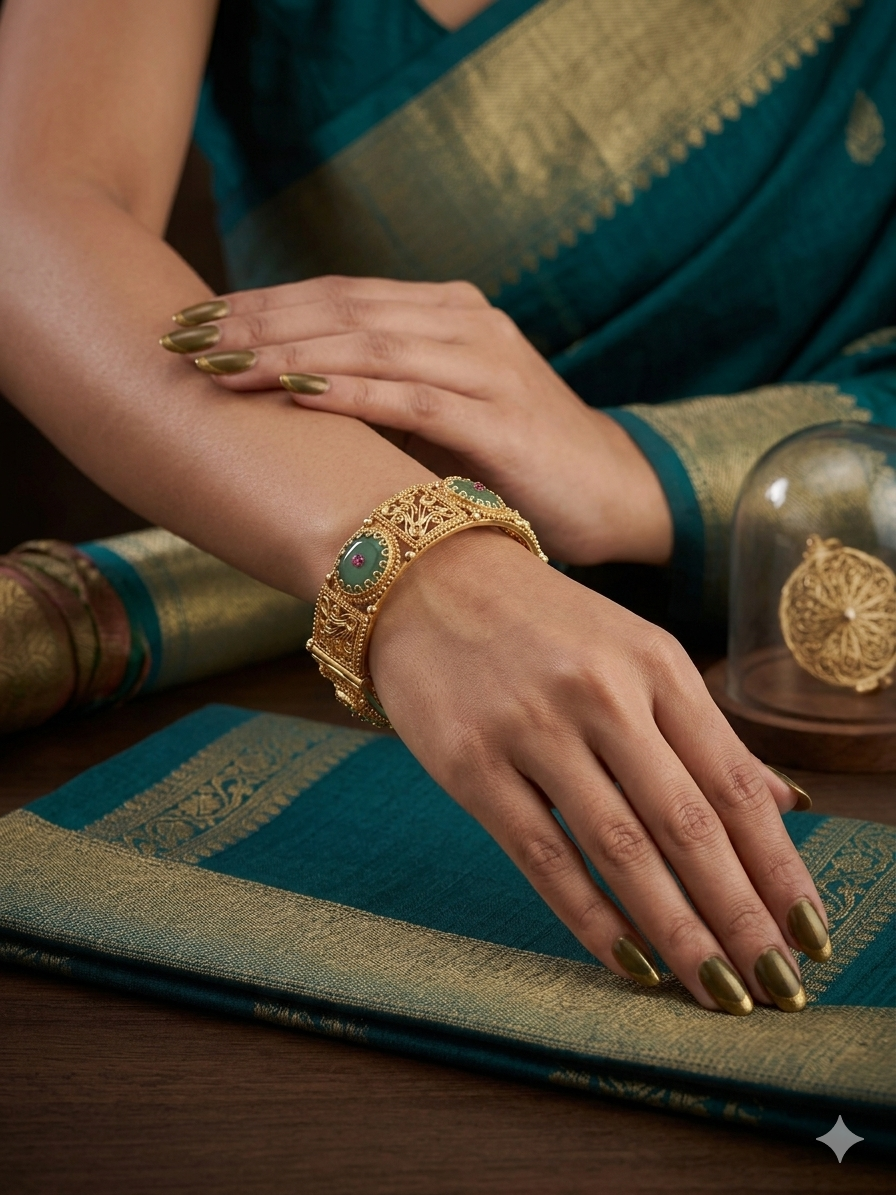 Jade Filigree Bangle Set – Gold-Plated Kada with Emerald Green Stone & Ruby Accents