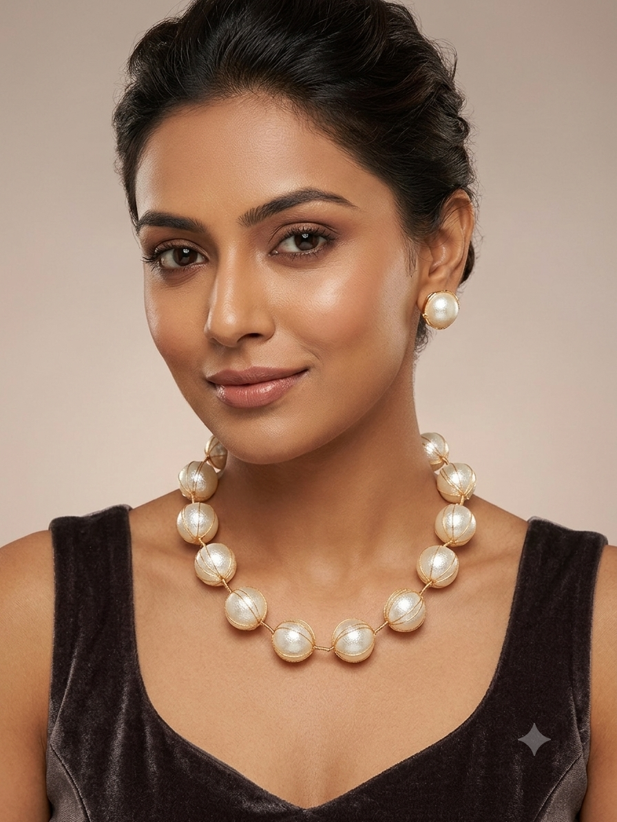 Gold Wire Wrapped Pearl Necklace & Earring Set