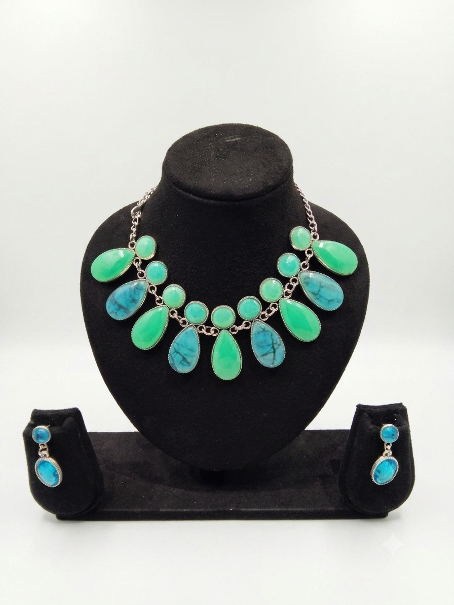 Turquoise & Mint Stone Bib Necklace & Earring Set