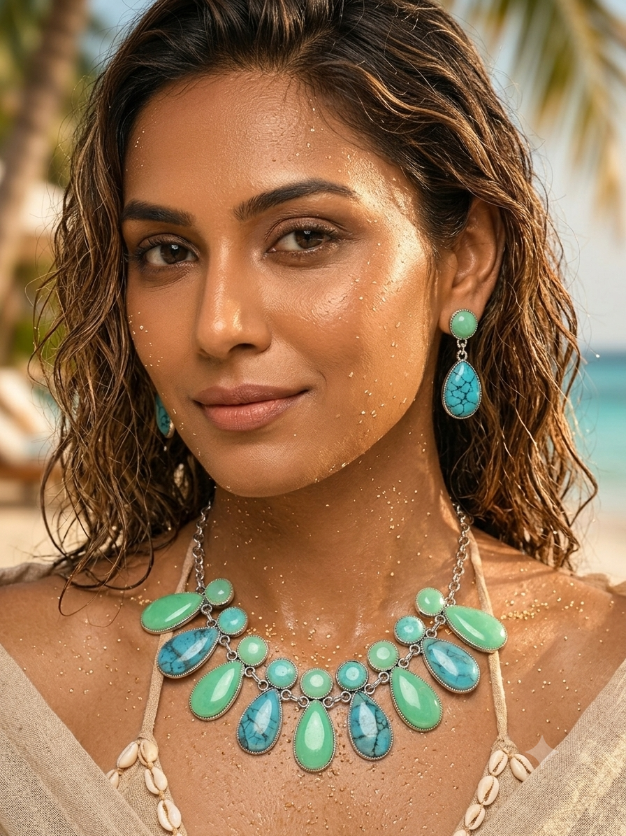 Turquoise & Mint Stone Bib Necklace & Earring Set