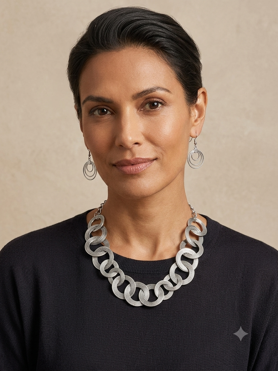 Silver Textured Ring-Link Necklace & Earring Set