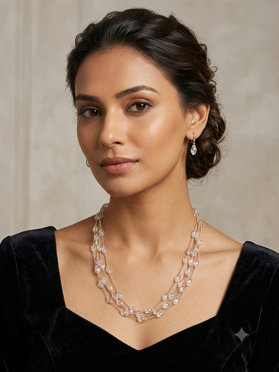 Gold Multi-Strand Crystal Bead Necklace & Earring Set