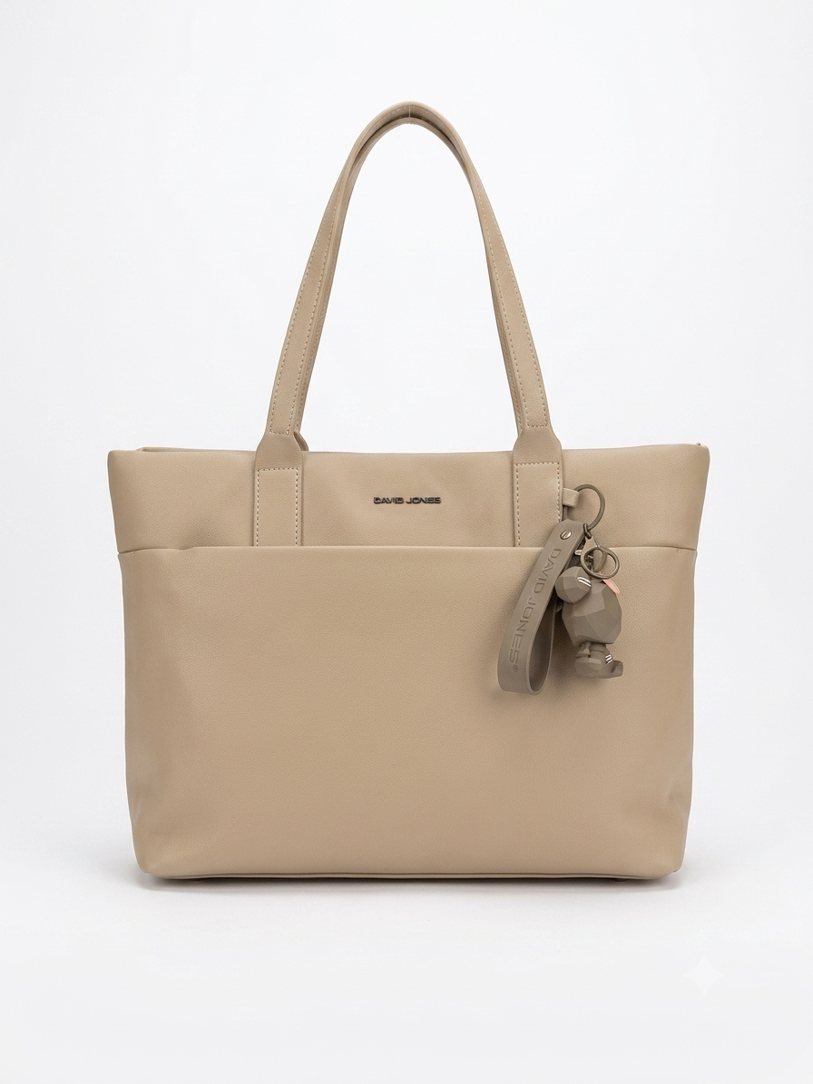 Beige Structured Tote Bag with Charm