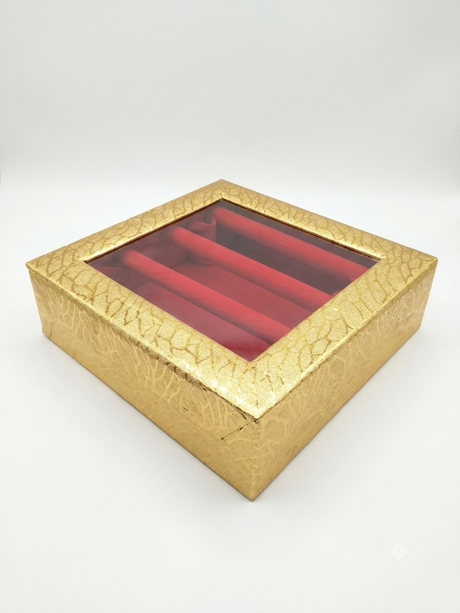 Gold Square Bangle Box – 4-Row Velvet Interior with Mirror & Lock
