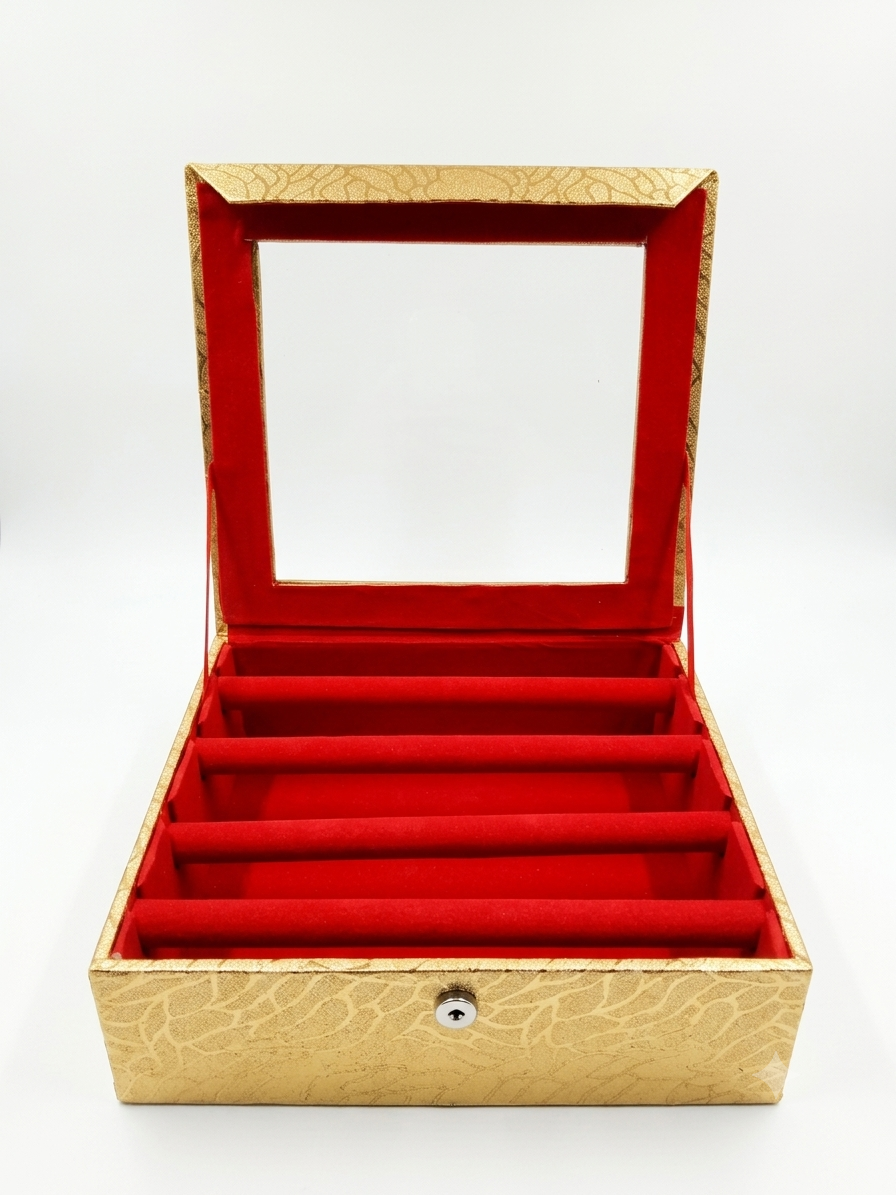 Gold Square Bangle Box – 4-Row Velvet Interior with Mirror & Lock