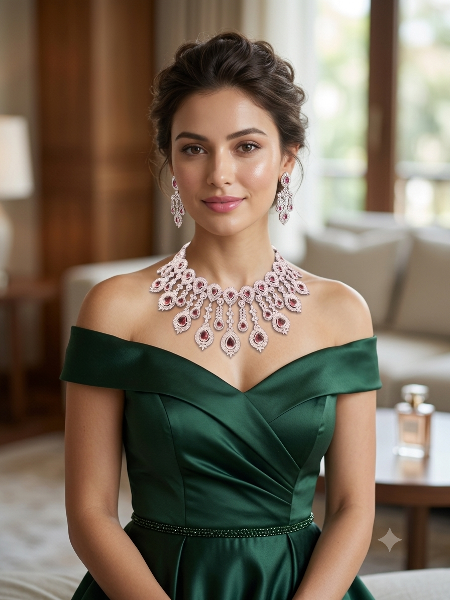 Ruby Red CZ Bridal Necklace & Earrings Set