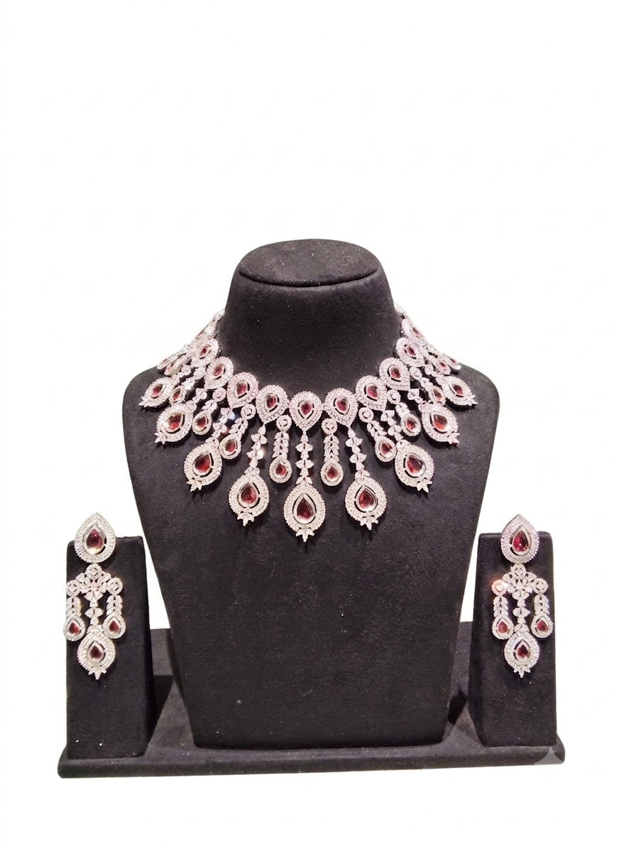 Ruby Red CZ Bridal Necklace & Earrings Set
