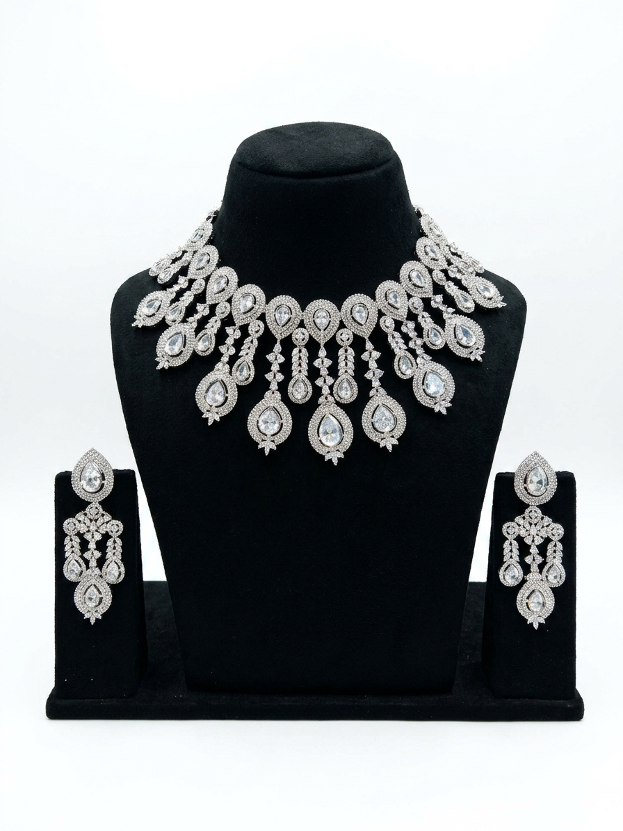 Silver CZ Bridal Necklace & Earrings Set