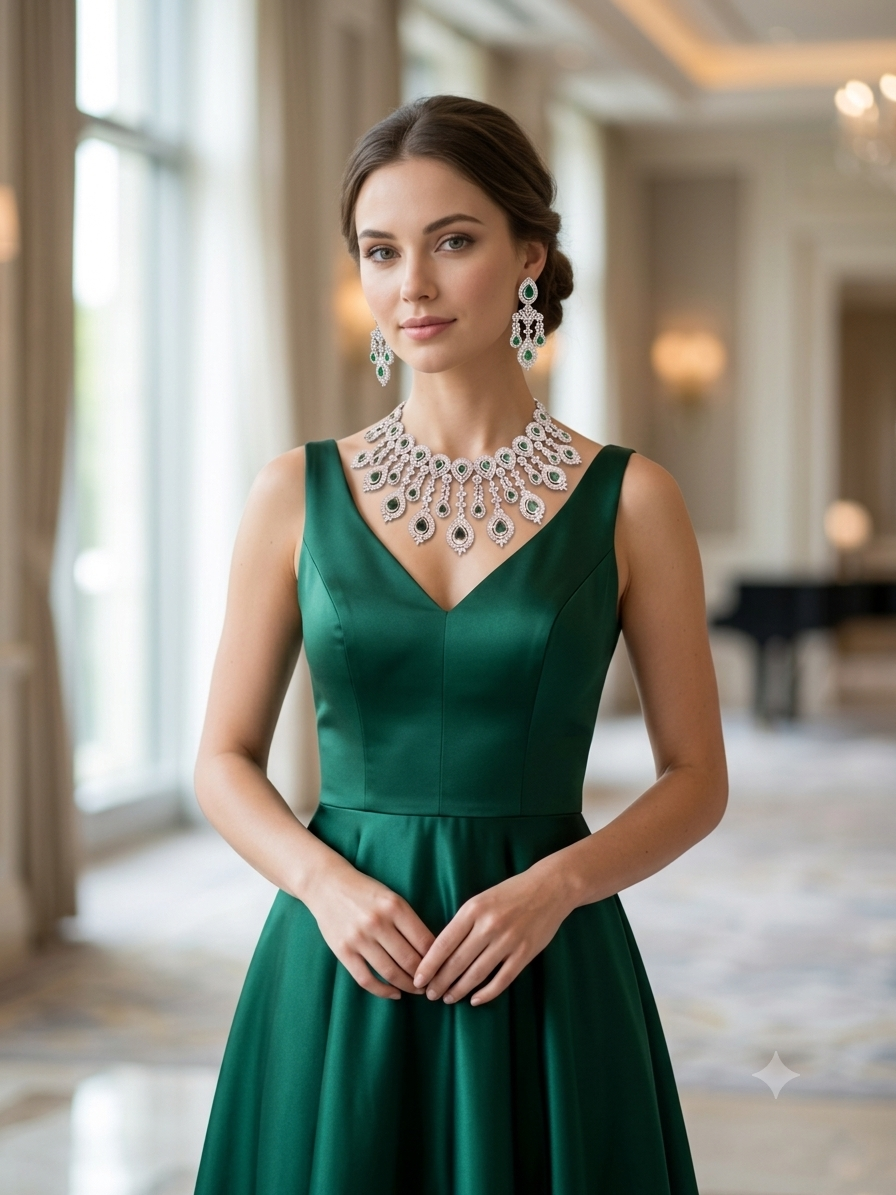 Emerald Green CZ Bridal Necklace & Earrings Set