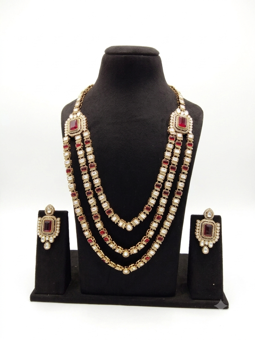 Ruby Kundan 3-Layer Long Necklace Set with Earrings