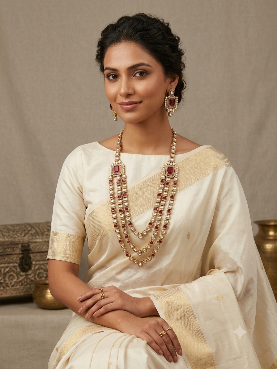 Ruby Kundan 3-Layer Long Necklace Set with Earrings