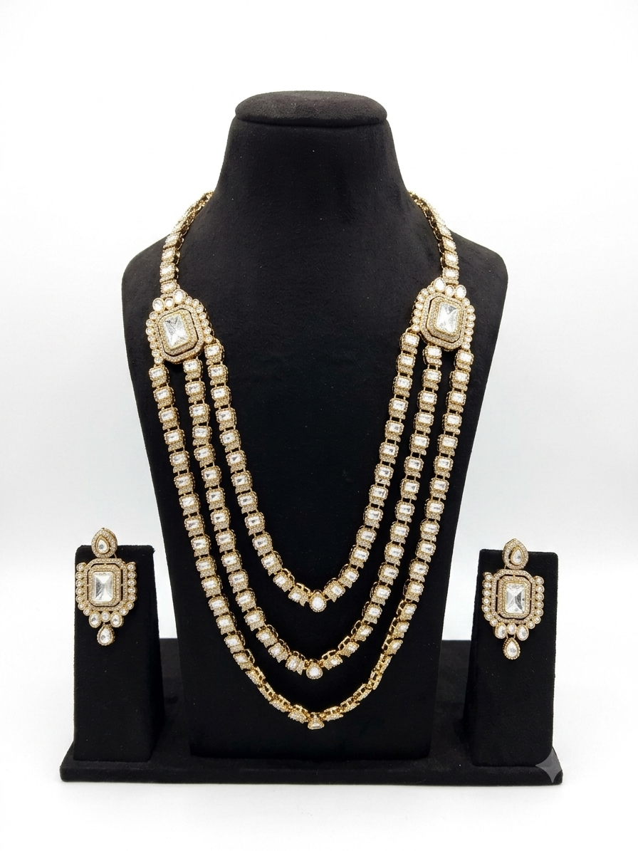 White Kundan 3-Layer Long Necklace Set with Earrings