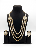 White Kundan 3-Layer Long Necklace Set with Earrings