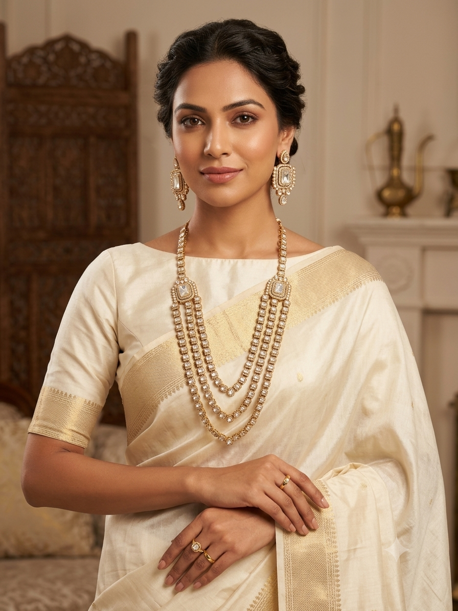 White Kundan 3-Layer Long Necklace Set with Earrings