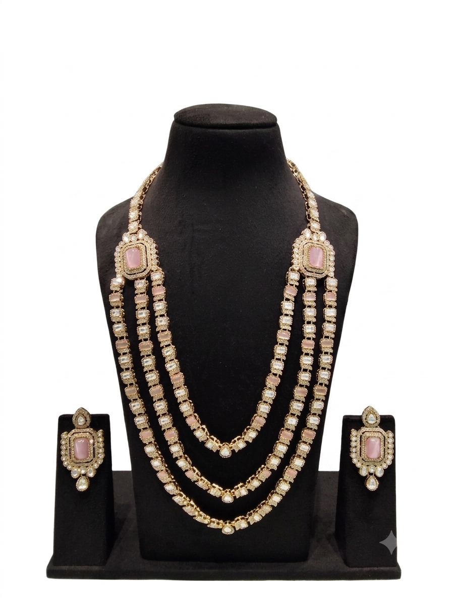 Pink Kundan 3-Layer Long Necklace Set with Earrings