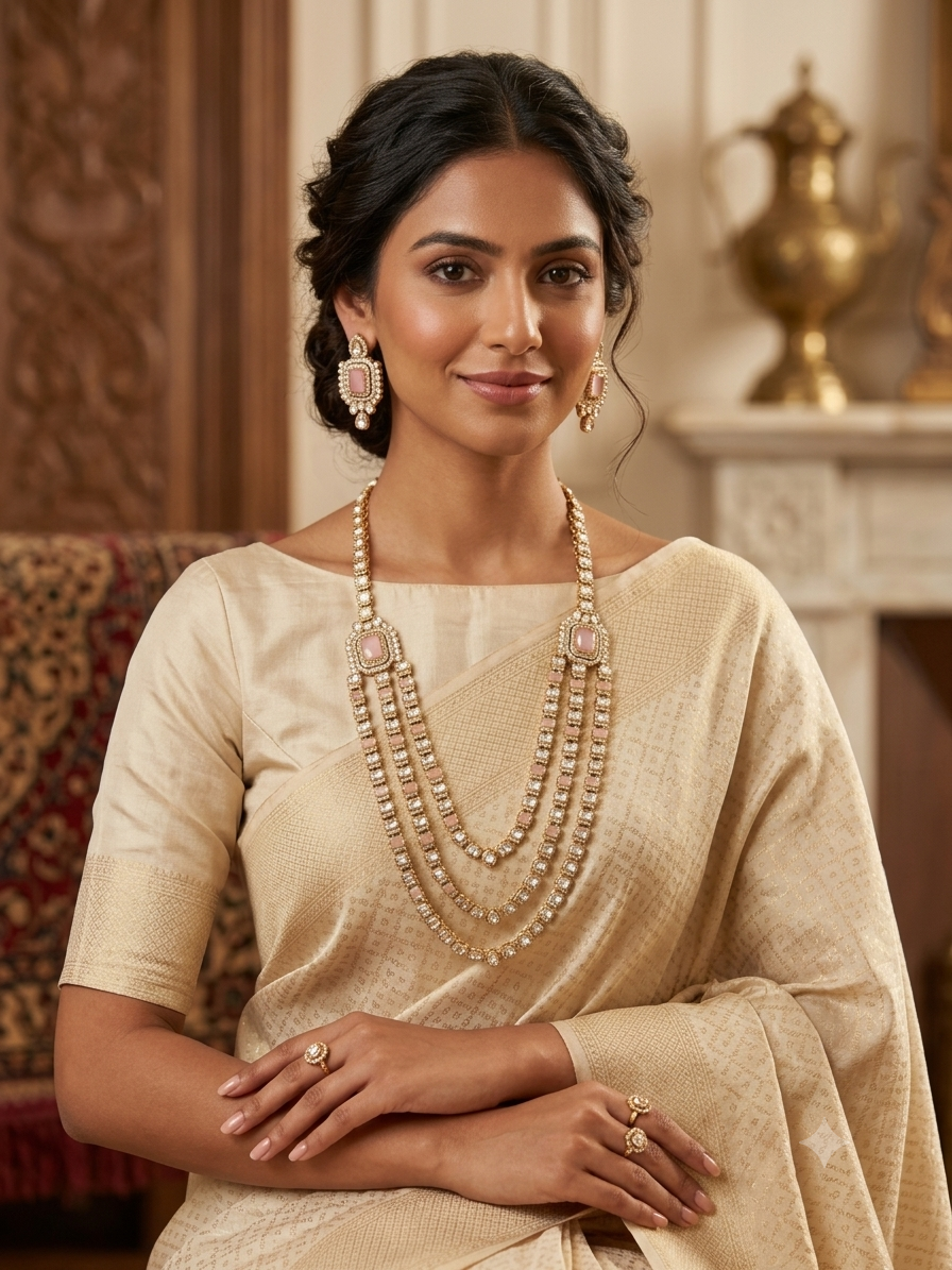 Pink Kundan 3-Layer Long Necklace Set with Earrings