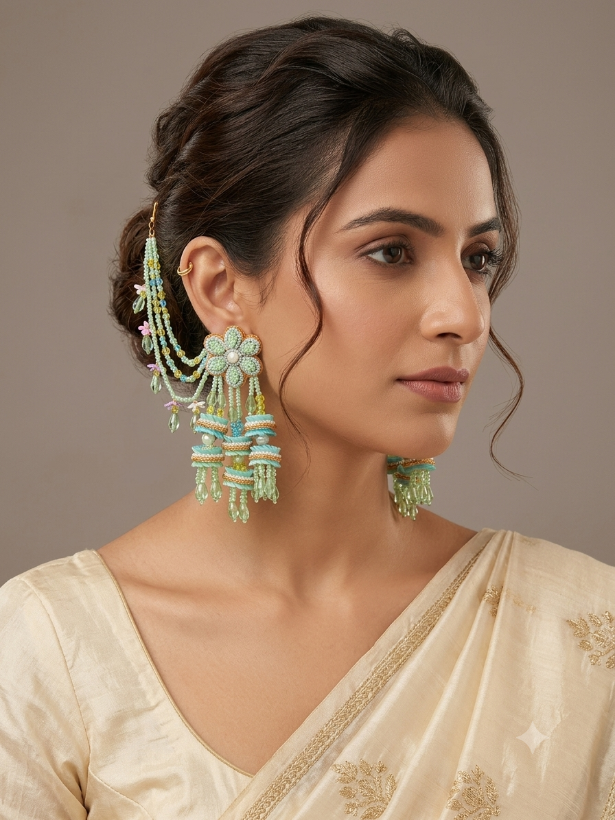 Mint Green Floral Ear Cuff Tassel Earrings with Pearl Accents