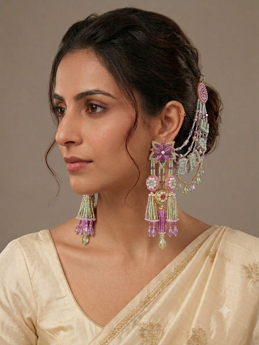 Pastel Beaded Ear Cuff Chandelier Earrings
