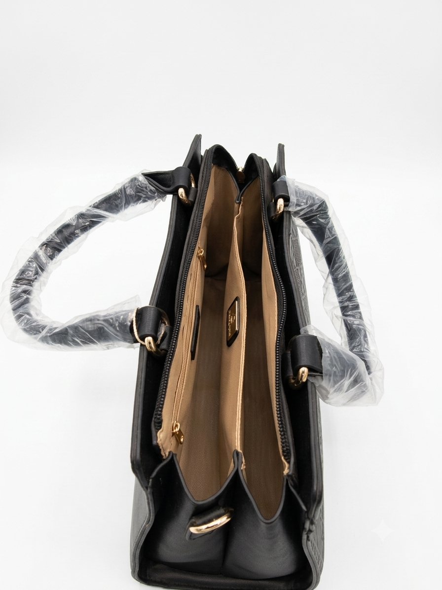 Aimeely Black Structured Handbag with Embossed Pattern