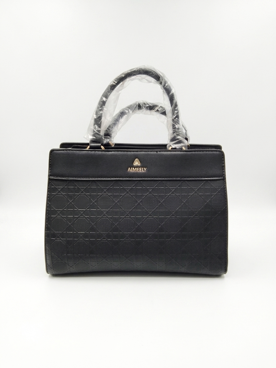 Aimeely Black Structured Handbag with Embossed Pattern