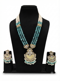 Teal Crystal & Kundan Long Necklace Set with Earrings