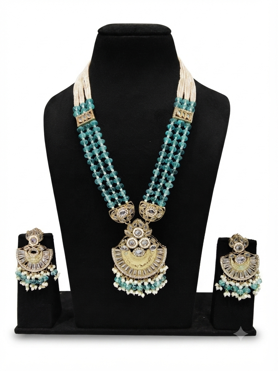 Teal Crystal & Kundan Long Necklace Set with Earrings