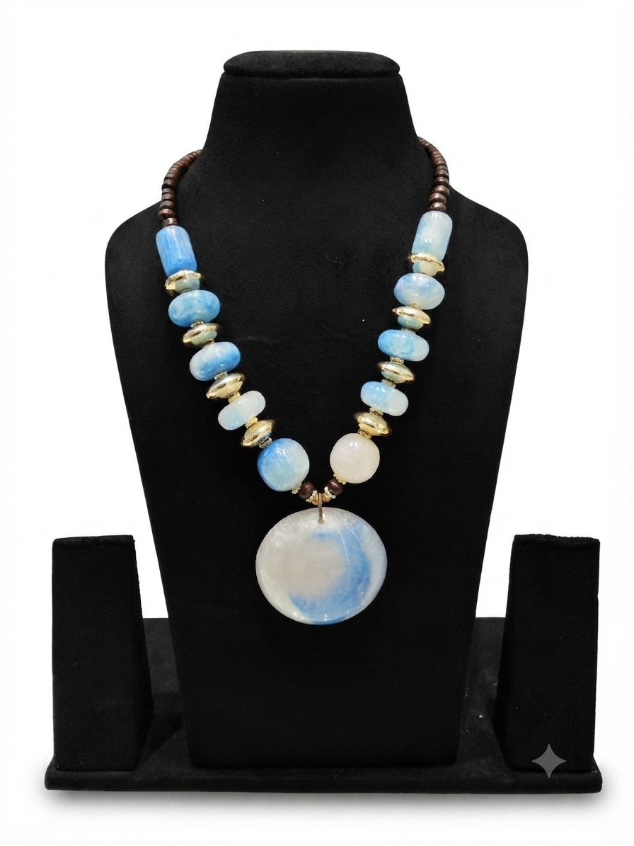 Sky Blue Opalite Beaded Necklace with Circular Pendant