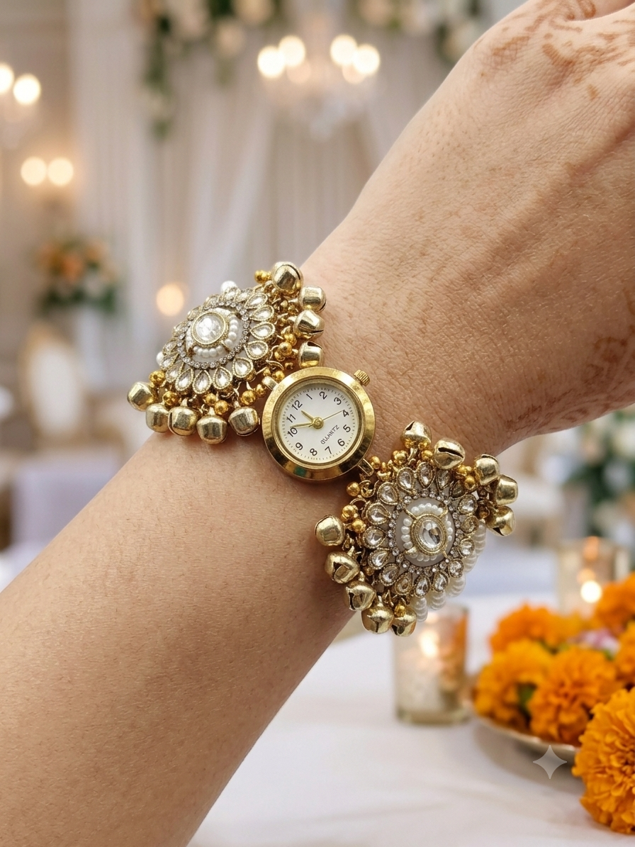 Kundan Watch Bracelet with polki stones and gold ghungroo accents worn on wrist