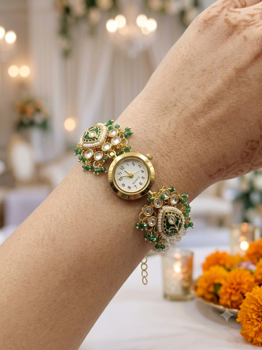 Green meenakari Kundan watch bracelet with pearl borders and green bead clusters worn on wrist