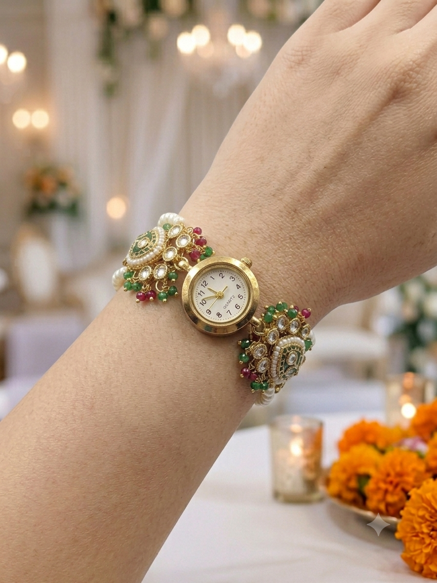 Multi-colour beads Kundan watch bracelet with pearl, green and ruby red beads worn on wrist
