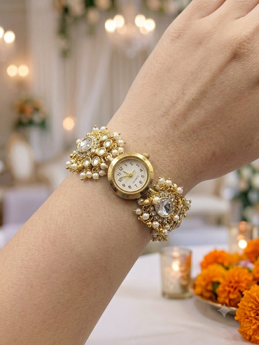 Pearl Kundan Watch Bracelet with polki crystals and gold chain detailing worn on wrist