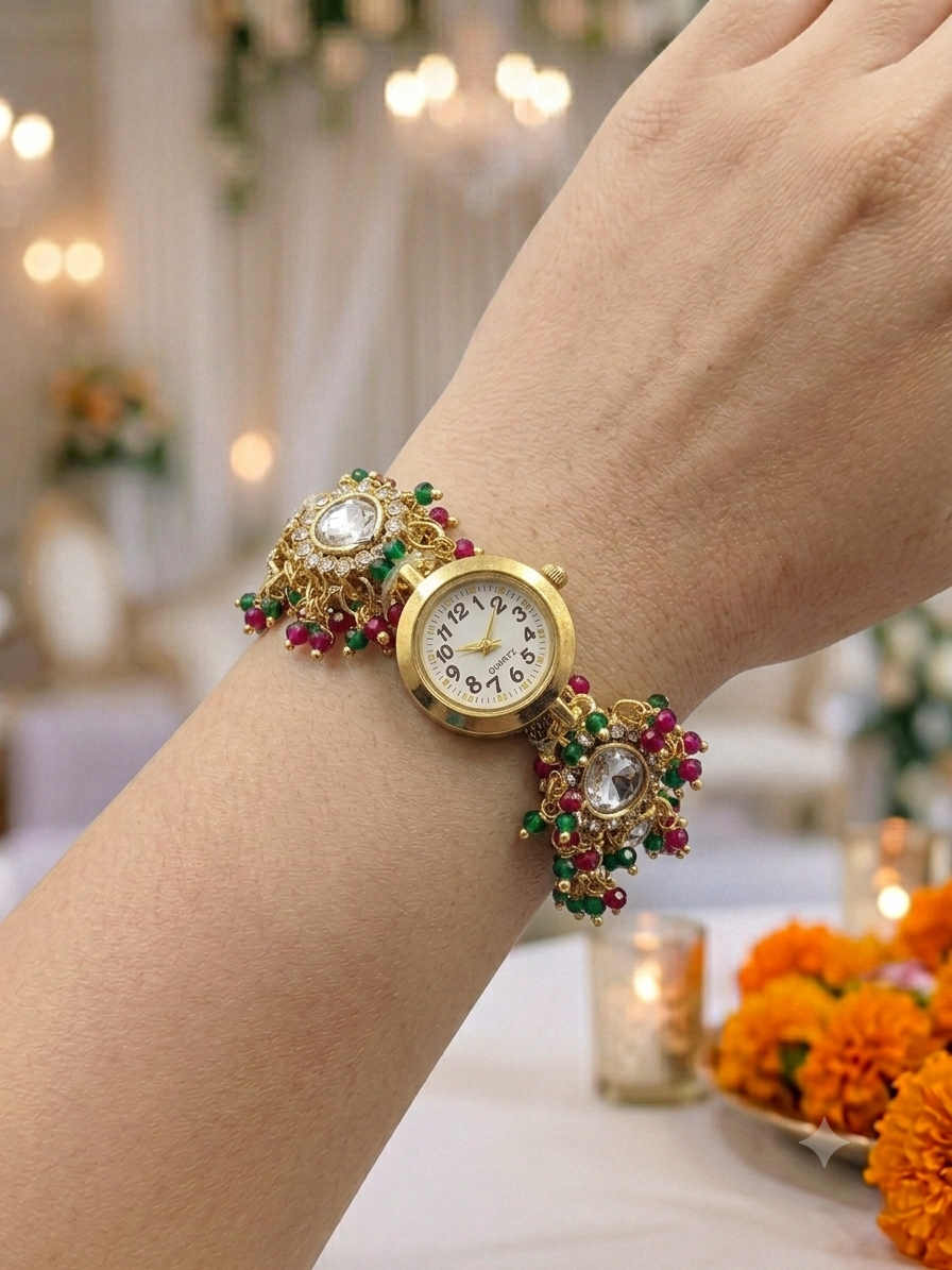 Ruby and emerald beads Kundan watch bracelet with large polki centrepieces worn on wrist