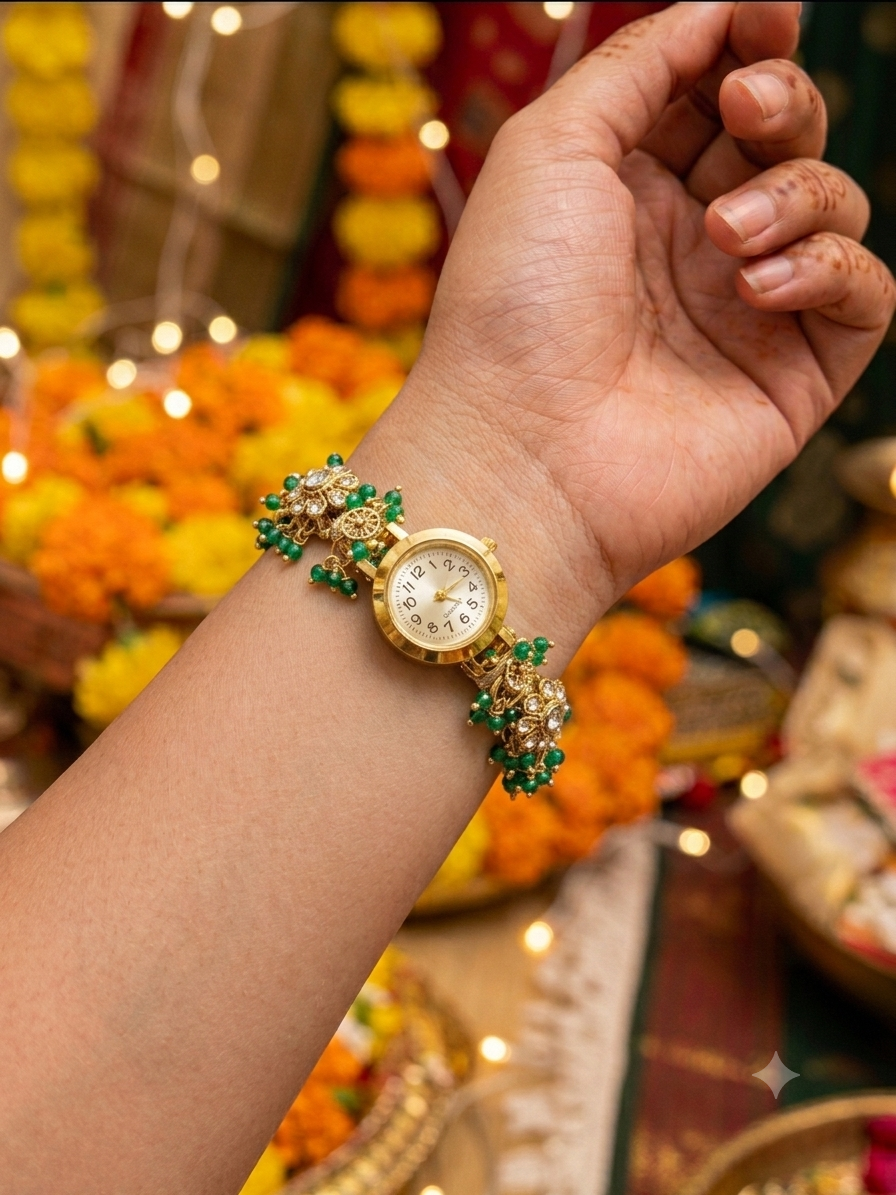 Green Beads Kundan Watch Bracelet with gold-tone detailing worn on wrist against marigold backdrop