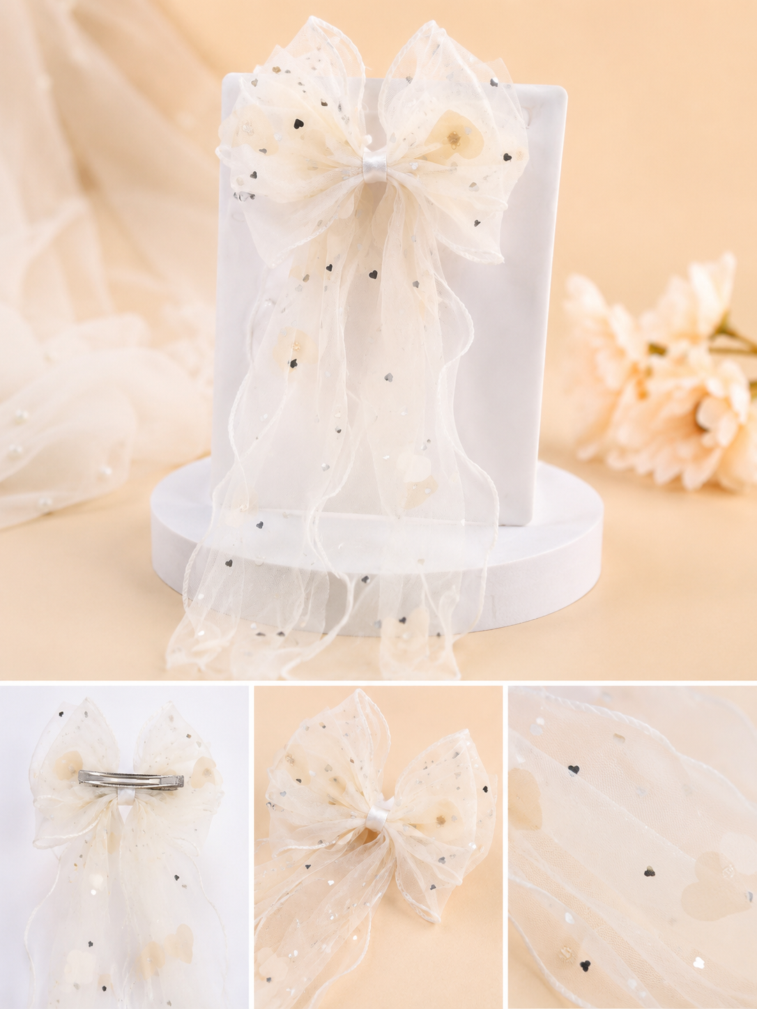 Elegant Organza Bow Hair Clip with Floral Details