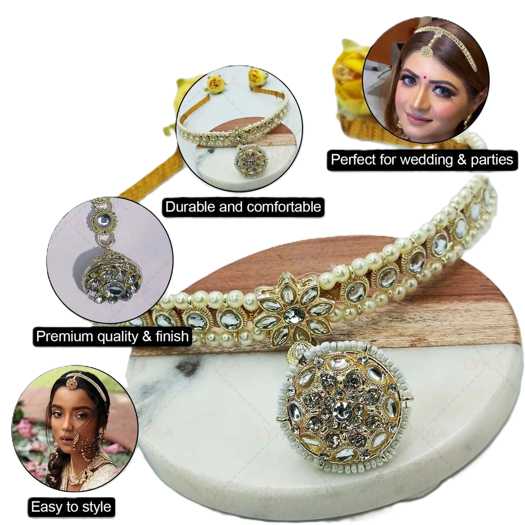 Pearl & Kundan Mathapatti Headband with Jhumka Pendant