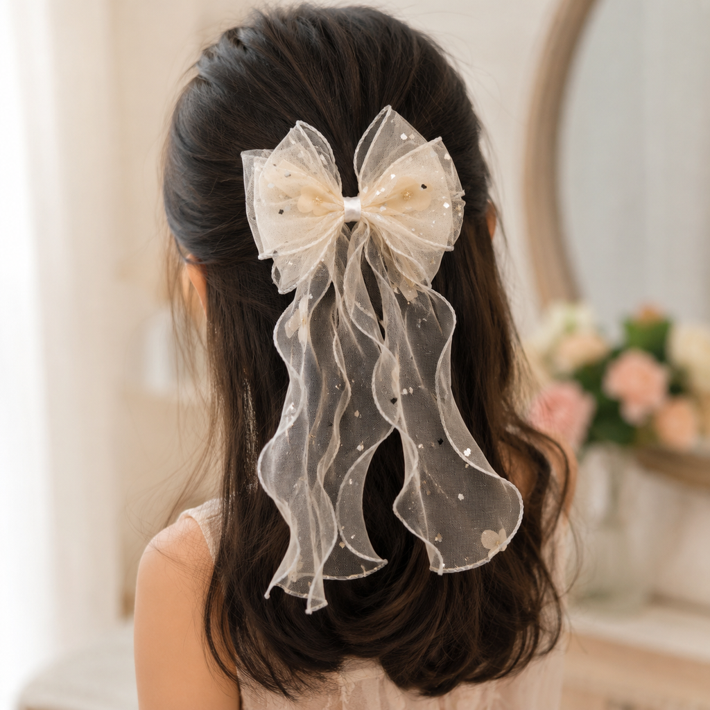 Elegant Organza Bow Hair Clip with Floral Details