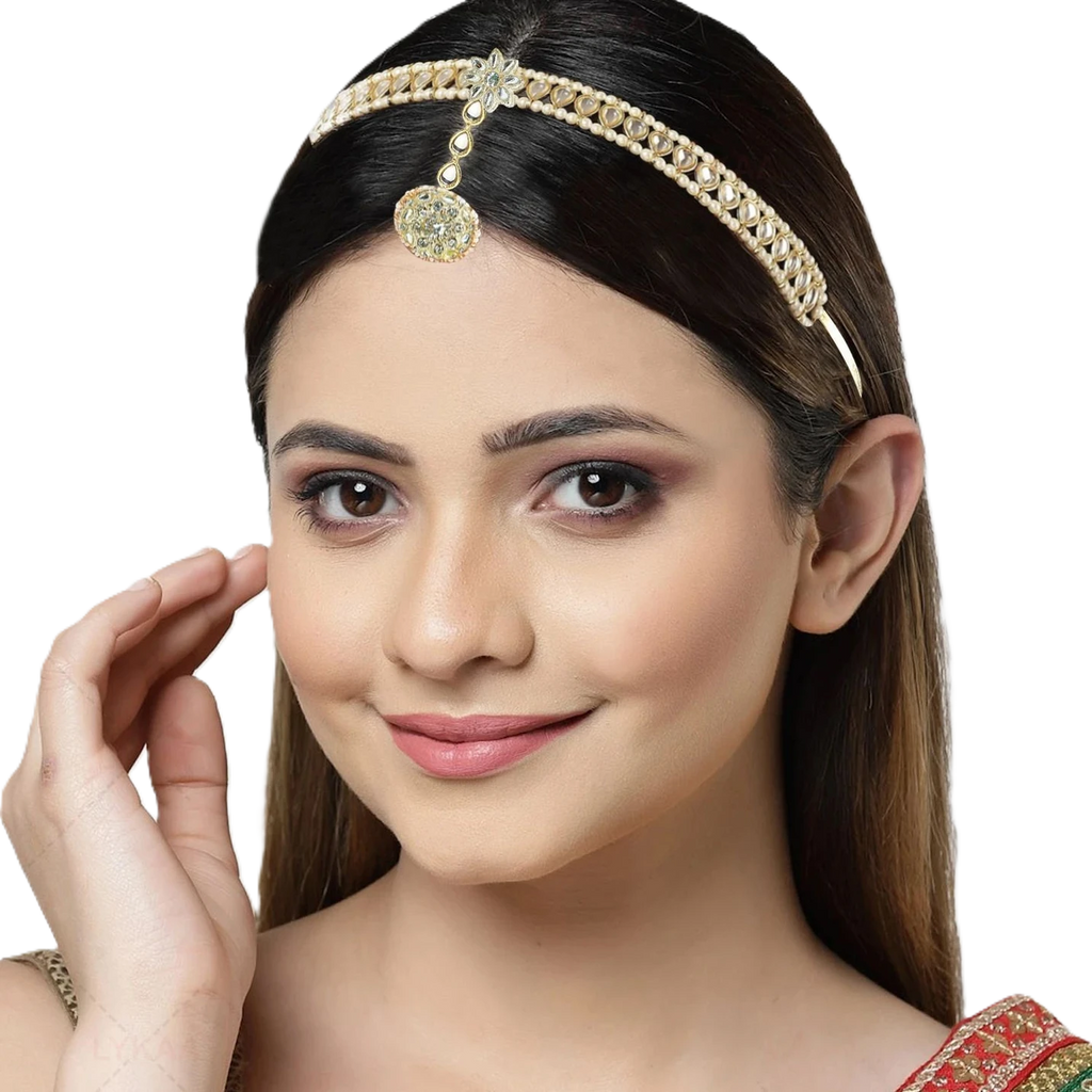 Pearl & Kundan Mathapatti Headband with Jhumka Pendant