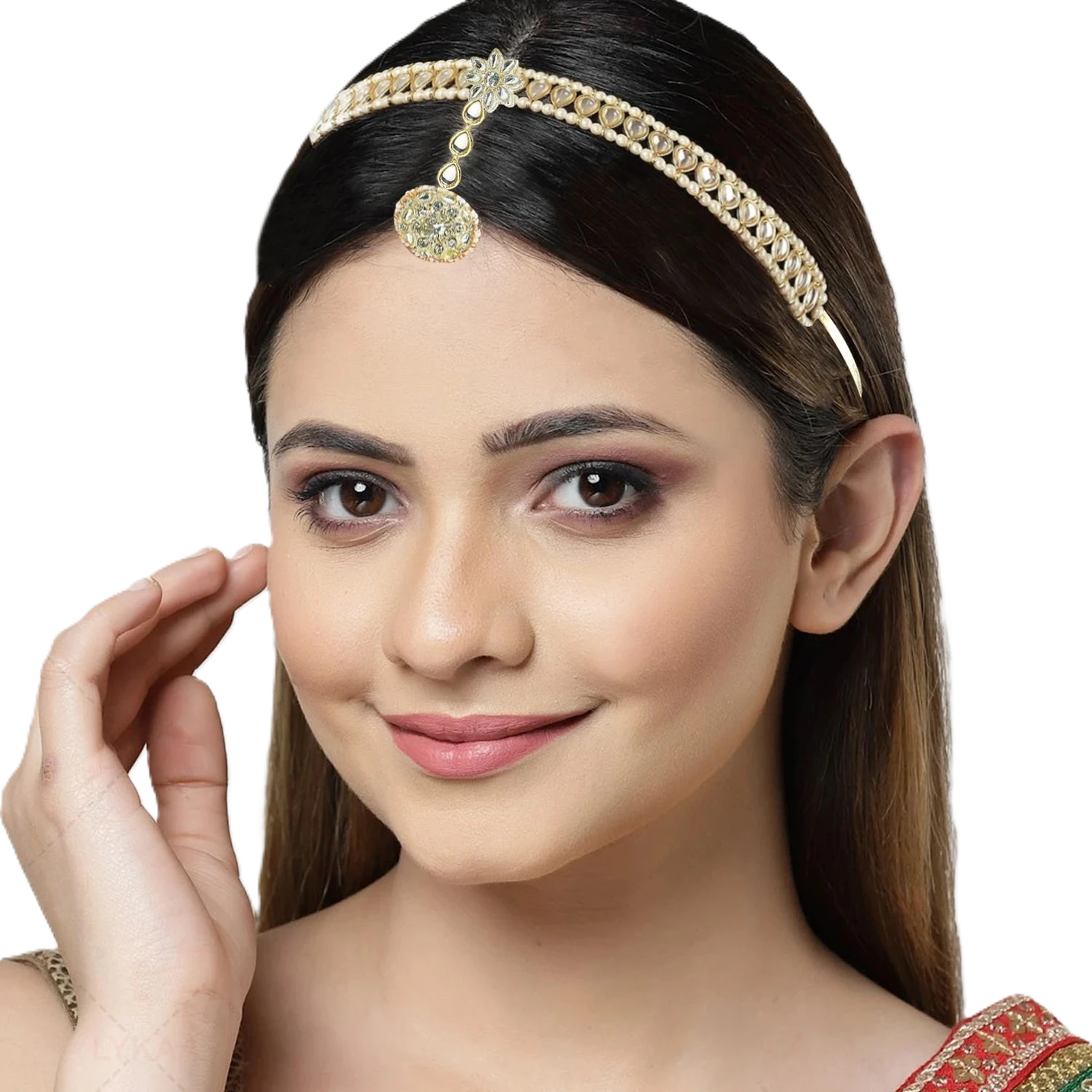 Pearl & Kundan Mathapatti Headband with Jhumka Pendant