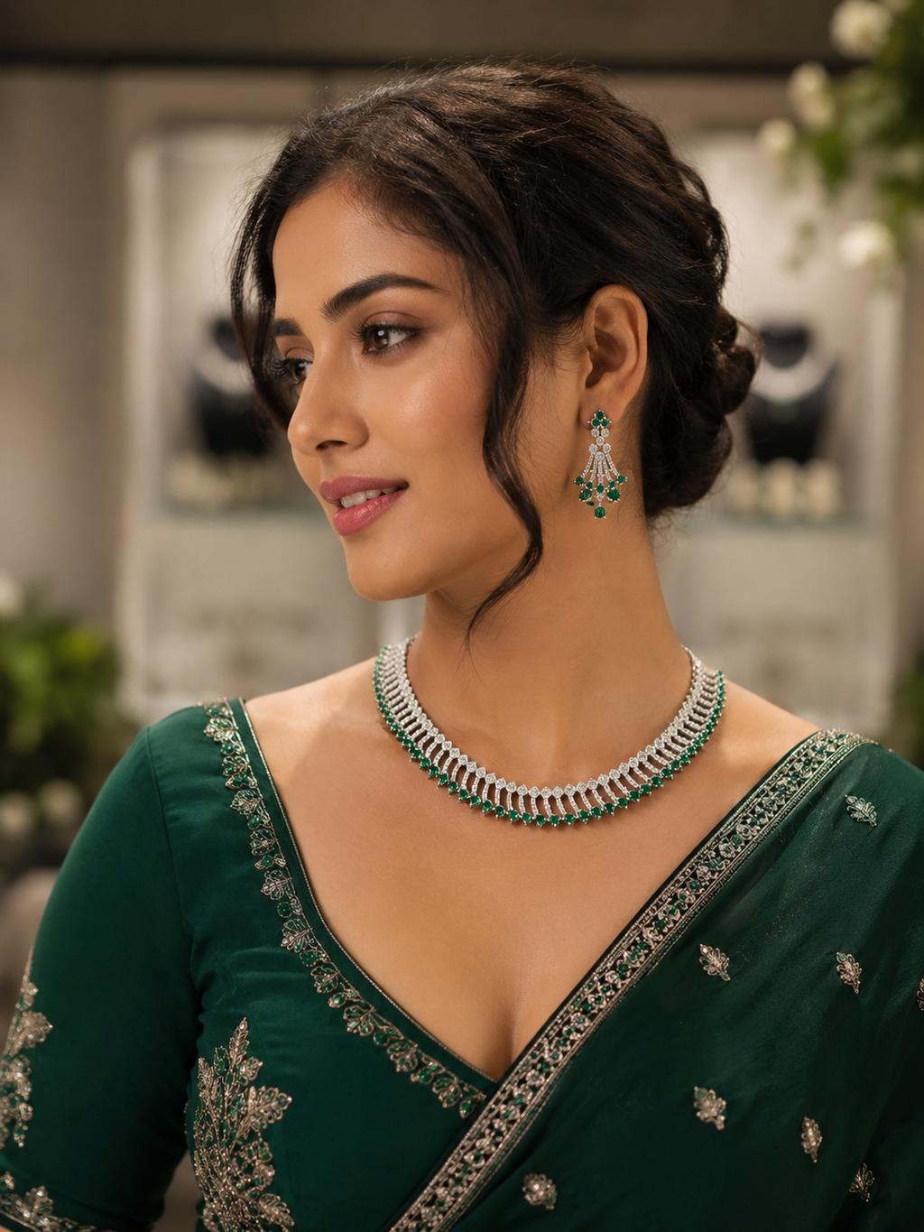 Emerald & Diamond AD Necklace Set with Earrings
