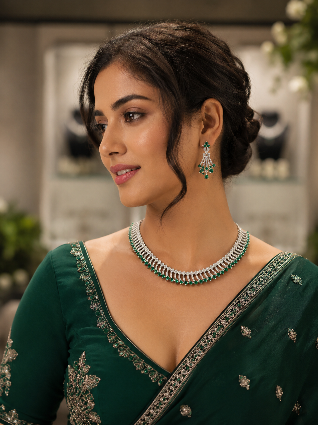 Emerald & Diamond AD Necklace Set with Earrings