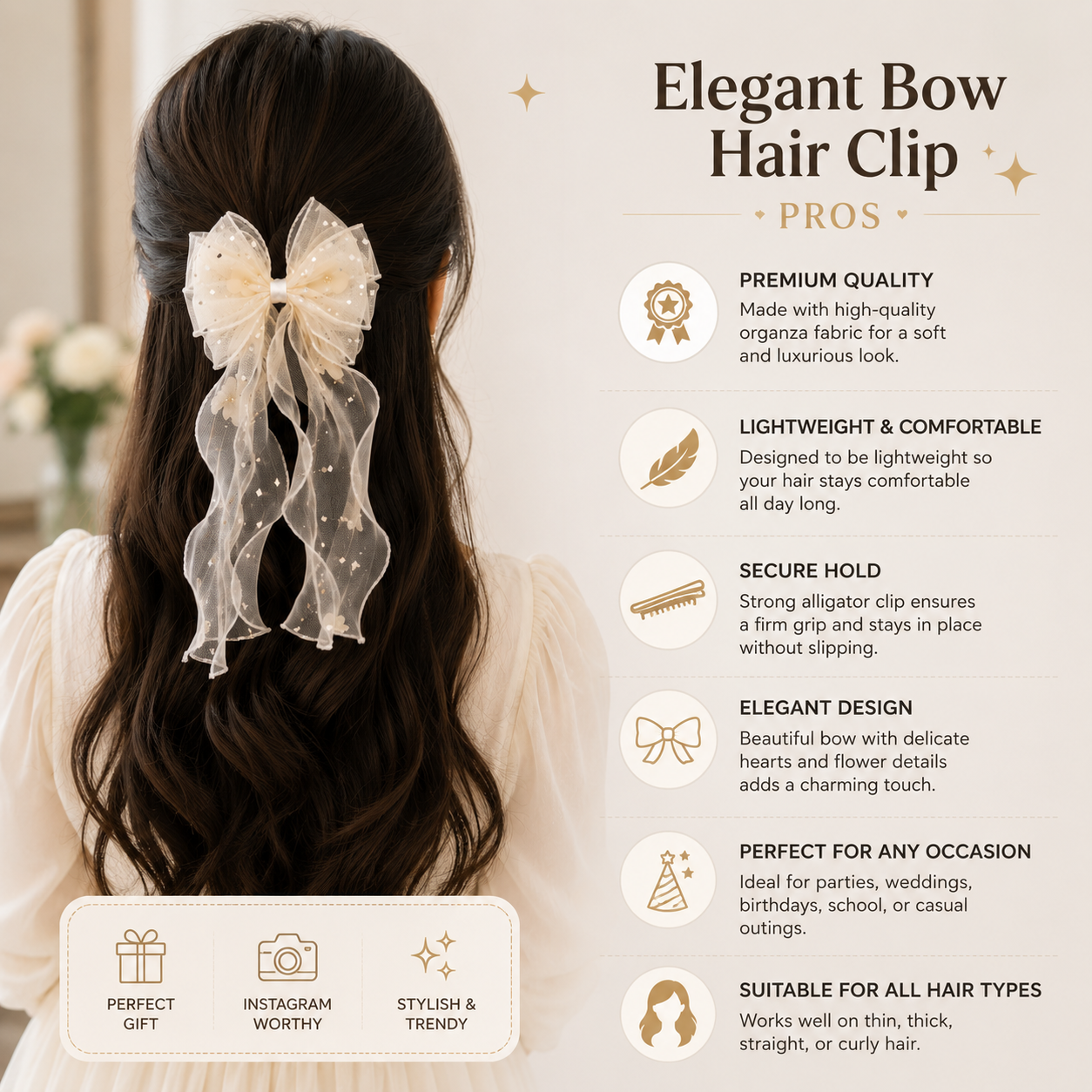 Elegant Organza Bow Hair Clip with Floral Details