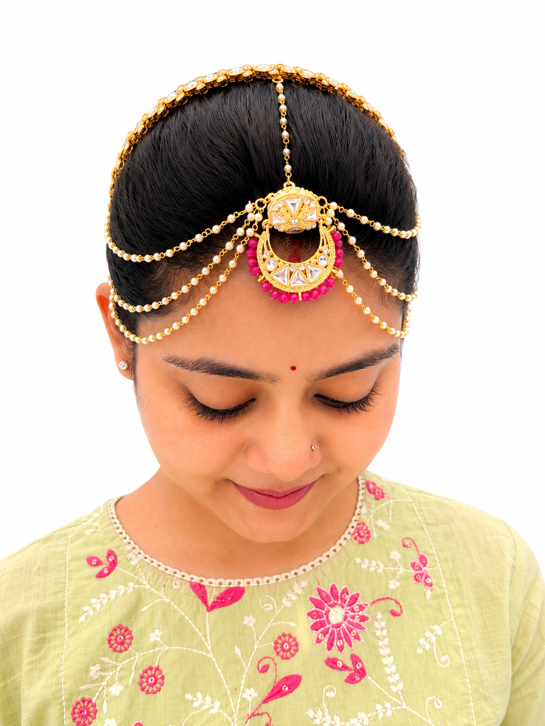 Kundan Chandbali Matha Patti with Pearl Chain & Pink Beads – Bridal Hair Jewellery
