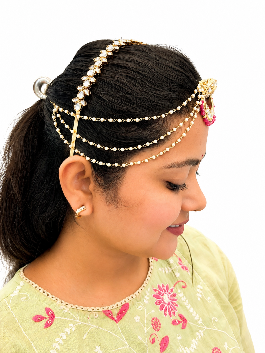 Kundan Chandbali Matha Patti with Pearl Chain & Pink Beads – Bridal Hair Jewellery